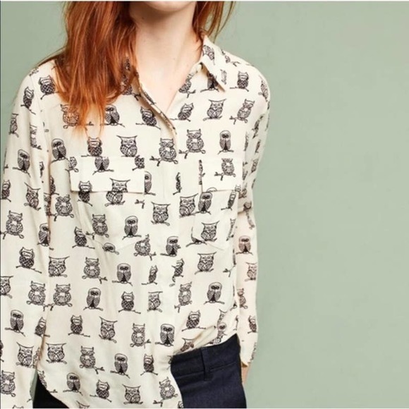 Porridge Tops - Anthro Porridge Owl Top Womens Small Cream & Black Button-Up Solid Back Novelty